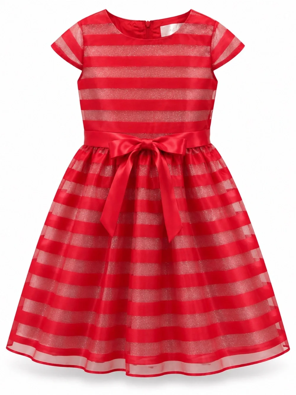 Red Striped Girls' Party Dress with Satin Waist Bow